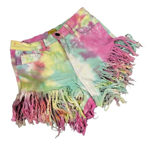Daisy Pants - Daisy Denim Micro Shorts Stretchy Size S Fringe Colorful Hot Pants